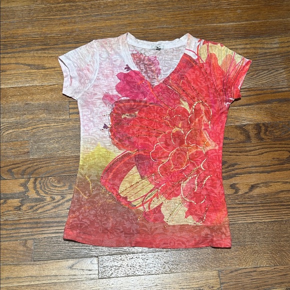 Cache Tops - Cache Red and Yellow Floral Short Sleeve Tee